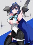  1girl armpits arms_up black_shirt black_skirt black_thighhighs blue_bow blue_cape blue_eyes blue_hair blush bow bow_earrings breasts brooch cape chain chain_headband choppy_bangs cleavage cleavage_cutout clothing_cutout commentary crop_top cropped_shirt detached_sleeves earrings h4kuuua_0 hair_intakes half-skirt headband heart heart-shaped_gem heart_brooch highres hololive hololive_english jewelry kronie_(ouro_kronii) large_breasts long_sleeves looking_at_viewer ouro_kronii ouro_kronii_(1st_costume) pinstripe_pattern pinstripe_shirt pinstripe_skirt puffy_detached_sleeves puffy_sleeves shirt short_hair skirt smile solo thighhighs vest virtual_youtuber 