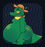 2026 alligator alligatorid anthro areola belly big_belly big_butt biped breath butt clothing crocodilian green_body green_scales hat headgear headwear hi_res huge_belly huge_butt kerchief male moobs motion_lines mouth_closed neckerchief neckwear nipples obese obese_male overweight overweight_male pawplants red_(pawplants) reptile scales scalie side_view smile solo standing straw_hat tail teeth yellow_sclera
