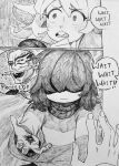  1boy 1other absurdres character_request chronozbergh crosshatching deer_girl deltarune english_text furry furry_female greyscale hatching_(texture) highres kagurabachi kris_(dark_world)_(deltarune) kris_(deltarune) linear_hatching monochrome traditional_media utdr_(toby_fox) woven_hatching 