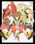  1boy 2girls aegis_sword_(xenoblade) black_border black_pantyhose blonde_hair blue_eyes border breasts brown_hair chest_jewel commentary_request group_picture highres holding holding_sword holding_weapon keyblade kingdom_hearts large_breasts multiple_girls mythra_(massive_melee)_(xenoblade) mythra_(xenoblade) nori_(koke_sr) pantyhose pyra_(xenoblade) red_eyes red_hair red_shorts shorts sora_(kingdom_hearts) spiked_hair super_smash_bros. sword weapon white_background xenoblade_chronicles_(series) xenoblade_chronicles_2 yellow_eyes 