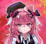  1girl bandaid bandaid_on_face black_hat black_necktie black_vest bow broken_heart broken_heart_hair_ornament commentary_request cone_hair_bun cookie_run cookie_run:_ovenbreak cotton_candy_cookie cotton_candy_cookie_(punkromantic_fashion_show_model) cutout_eyelashes double_bun gutan_(gugangtan) hair_bow hair_bun hair_ornament hat heart heart_hair_ornament humanization korean_commentary long_hair looking_at_viewer necktie pink_eyes pink_hair portrait shirt short_sleeves sidelocks solo vest white_shirt yami_kawaii 
