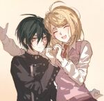  1boy 1girl :d ahoge akamatsu_kaede black_hair black_jacket blonde_hair blush breast_pocket brown_eyes buttons closed_eyes closed_mouth collared_shirt danganronpa_(series) danganronpa_v3:_killing_harmony double-breasted fu_ga_(vivi912912) hair_between_eyes hair_ornament heart heart_hands heart_hands_duo highres jacket long_hair long_sleeves looking_at_viewer musical_note musical_note_hair_ornament necktie open_mouth orange_necktie pink_vest pocket saihara_shuichi shirt short_hair simple_background skirt smile teeth upper_body upper_teeth_only vest white_shirt 