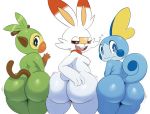  anthro ass_to_ass breasts butt_pose edit female grookey group hi_res holding_butt looking_back nintendo nipples nude open_mouth open_smile pok&eacute;mon pok&eacute;mon_(species) pose rear_view scorbunny simple_background smile sobble sssonic2 thick_thighs video_games white_background 