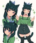  1girl :3 ^^^ absurdres animal_ear_fluff animal_ears aoqun artist_name bandaged_arm bandages bare_shoulders beads black_skirt black_tail black_thighhighs blue_eyes blue_ribbon blunt_bangs blush buttons cat_ears cat_girl cat_tail chinese_clothes closed_eyes closed_mouth collarbone commentary contemporary cremanata english_commentary feet_out_of_frame freckles green_hair green_hanfu green_robe green_shirt grin hair_beads hair_ornament hair_ribbon half_updo hands_up hanfu head_tilt highres kemonomimi_mode kusuriya_no_hitorigoto long_hair long_sleeves looking_at_viewer looking_to_the_side maomao_(kusuriya_no_hitorigoto) multiple_views off-shoulder_shirt off_shoulder open_mouth parted_lips pocket raised_eyebrows raised_inner_eyebrows ribbon robe shirt shirt_tucked_in simple_background skindentation skirt smile sparkle standing tail thighhighs twintails upper_body white_background wide_sleeves zettai_ryouiki 