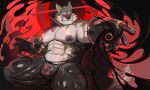 abs anthro barazoku big_bulge big_muscles big_nipples big_pecs black_latex black_liquid bottomwear bulge canid canine canis casting_spell clothing detailed_background dripping facial_markings fluffy fluffy_tail glistening glistening_clothing gloves handwear head_markings hi_res hood inner_ear_fluff latex latex_bottomwear latex_clothing latex_pants liquid_latex looking_at_viewer male mammal markings muscular muscular_arms muscular_legs muscular_male nipples null_bulge pants pecs quads ring smile solo tail tuft uriex wave wolf