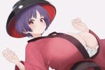  1girl :/ alternate_breast_size_(larger) blush bowl bowl_hat breasts bright_pupils commentary cum cum_on_body cum_on_breasts dated_commentary hat highres huge_breasts japanese_clothes kimono looking_at_viewer moriforest1040 purple_hair red_eyes red_kimono short_hair simple_background solo sukuna_shinmyoumaru touhou upper_body white_background white_pupils 