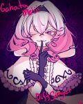  1girl :3 absurdres black_gloves black_hairband capelet character_name closed_mouth colored_eyelashes copyright_name diffsinger dress elbow_gloves finger_to_mouth frilled_capelet frills gahata_meiji_(diffsinger) gloves hairband highres jewelry looking_at_viewer medium_hair one_eye_closed pink_hair purple_background ring sengocat solo upper_body vignetting white_capelet white_dress 