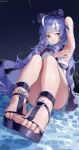  1girl absurdres arm_behind_head arm_up armpits bare_legs bare_shoulders blush bow bowtie breasts commentary_request drill_hair drill_sidelocks hair_bow highres long_hair mole mole_under_eye mousedic07 multicolored_hair official_alternate_costume one-piece_swimsuit open_mouth pointy_ears presenting_armpit purple_bow purple_bowtie purple_hair red_eyes sandals sideboob_cutout sidelocks sitting solo swimsuit toenails toes vivian_banshee vivian_banshee_(iris_of_the_shore) wet white_hair white_one-piece_swimsuit zenless_zone_zero 