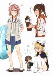  4girls ahoge alternate_costume annin_musou bangs black_shirt blue_skirt blush bug butterfly closed_mouth eyebrows_visible_through_hair fairy_(kantai_collection) glasses hair_ornament hair_ribbon hand_on_hip hat highres holding i-401_(kantai_collection) i-58_(kantai_collection) i-8_(kantai_collection) innertube insect jacket kantai_collection long_hair milk_carton multiple_girls open_mouth pleated_skirt ponytail red-framed_eyewear ribbon sailor_collar sandals shadow shirt short_hair simple_background skirt smile squatting standing thighhighs white_background white_headwear white_legwear 