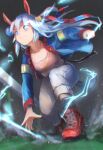  1girl animal_ears aoniyoshi belt black_socks blue_eyes blue_hairband blue_jacket blue_sports_bra boots breasts closed_mouth commentary_request ear_covers electric_eyes electricity grey_hair hair_between_eyes hairband headband horse_ears horse_girl horse_tail jacket lightning_bolt_print lightning_bolt_symbol long_hair long_sleeves midriff multicolored_hairband pants red_belt red_boots red_headband small_breasts smile socks sports_bra striped_clothes striped_hairband tail tamamo_cross_(fast_as_lightning)_(umamusume) tamamo_cross_(umamusume) two-tone_hairband umamusume very_long_hair white_pants 