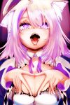  1girl absurdres alternate_hair_length_(longer) animal_ear_fluff animal_ears breasts byxis cat_ears cat_girl cleavage cleavage_cutout clothing_cutout commentary hat highres hololive long_hair multicolored_hair nekomata_okayu nekomata_okayu_(wonderland) official_alternate_costume open_mouth purple_eyes purple_hair purple_streaks shirt solo streaked_hair very_long_hair virtual_youtuber white_hat white_shirt 