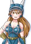  1girl armlet armor belt blue_armor breasts brown_eyes brown_gloves brown_hair cleavage commentary_request daisy_(dq) dragon_quest dragon_quest_yuusha_abel_densetsu fake_horns gloves helmet highres horned_helmet horns jewelry long_hair looking_at_viewer mayashi205 open_mouth simple_background smile solo white_background 