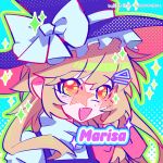  1girl :d absurdres bespectacled blonde_hair bow braid character_name chinese_commentary chunye_xiuluo commentary_request fang glasses hair_ornament hairclip hat hat_bow highres kirisame_marisa long_hair orange_eyes portrait purple_hat purple_vest red-tinted_eyewear side_braid single_braid smile solo sparkle star-shaped_eyewear star_(symbol) tinted_eyewear touhou vest white_bow witch_hat 