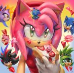  2boys 3girls amy_rose amy_rose_(cosplay) blaze_the_cat cake cat_girl chao_(sonic) cosplay eating food fruit green_eyes heart hedgehog_boy hedgehog_girl highres ice_cream macaron multiple_boys multiple_girls ncarts pink_hair shadow_the_hedgehog sonic_(series) sonic_the_hedgehog sonic_the_hedgehog_(cosplay) sonic_the_hedgehog_(idw) strawberry strawberry_cake sundae surge_the_tenrec tenrec_girl 