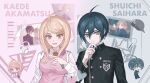  1boy 1girl :d ahoge akamatsu_kaede backpack bag baseball_cap black_hair black_jacket blonde_hair breast_pocket breasts brown_eyes buttons character_name chibi collared_shirt danganronpa_(series) danganronpa_v3:_killing_harmony double-breasted fu_ga_(vivi912912) hair_between_eyes hair_ornament hand_up hat headphones highres jacket large_breasts long_hair long_sleeves looking_at_viewer musical_note musical_note_hair_ornament necktie open_mouth pink_eyes pink_vest pocket saihara_shuichi school_uniform shirt short_hair smile striped_clothes striped_jacket sweater_vest upper_body vest white_shirt 
