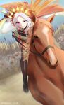 1girl ahoge animal_ears armor ascot black_ascot black_boots black_gloves black_thighhighs boots commentary_request creature_and_personification ear_covers gem gloves green_gem helmet highres holding holding_reins holding_sword holding_weapon horse horse_ears horse_girl horseback_riding jacket long_hair long_sleeves looking_at_viewer multicolored_hair multiple_others nekoni_514 orange_hair orfevre_(control)_(umamusume) orfevre_(racehorse) orfevre_(umamusume) outdoors personification polearm purple_eyes real_life reins riding single_ear_cover smile soldier sword thighhighs umamusume weapon white_hair white_jacket 