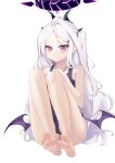  1girl absurdres ahoge bare_arms bare_legs bare_shoulders barefoot black_halo black_horns blue_archive blue_one-piece_swimsuit closed_mouth collarbone commentary curled_fingers demon_girl demon_horns demon_wings dorsiflexion eryuhe expressionless feet foot_focus hair_ornament hair_tie hairclip halo highres hina_(blue_archive) hina_(swimsuit)_(blue_archive) horns knees_up legs_together long_hair looking_at_viewer low_wings multiple_horns official_alternate_costume official_alternate_hairstyle old_school_swimsuit one-piece_swimsuit one_side_up parted_bangs purple_eyes purple_wings school_swimsuit simple_background single_hair_intake sitting slit_pupils soles solo swimsuit toes tsurime very_long_hair white_background white_hair wings 