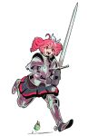  1girl ahoge armor black_skirt bow chainmail cuirass double-parted_bangs drill_hair full_body gauntlets greaves hair_between_eyes hair_bow holding holding_sword holding_weapon kasane_teto kasane_teto_(sv) pauldrons pearto pleated_skirt qwetzo red_eyes red_hair red_trim running sabaton shoulder_armor sidelocks simple_background skirt smile spurs sword synthesizer_v teeth twin_drills upper_teeth_only utau vambraces weapon white_background white_bow 