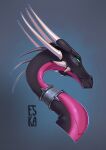  2025 8_horns activision black_body black_scales corrupt_cynder cynder digital_drawing_(artwork) digital_media_(artwork) dragon facial_markings female female_feral feral forehead_markings glowing glowing_eyes green_eyes grey_background head_markings headshot_portrait hi_res horn horn_sheath jagged_mouth katerezonate long_neck long_snout looking_at_viewer magenta_scales markings multi_horn mythological_creature mythological_scalie mythology neck_ring neck_spikes portrait scales scalie side_view signature simple_background snout solo spyro_the_dragon the_legend_of_spyro unimpressed ventral_scales white_horn 