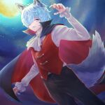  1boy alternate_costume animal_ears ascot blue_eyes fubuki_(rune_factory) full_moon hair_over_one_eye halloween halloween_costume highres looking_at_viewer male_focus moon night rune_factory rune_factory:_guardians_of_azuma vampire white_ascot wolf_boy wolf_ears yoshida-smile 