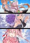  3girls alternate_costume bangs blue_eyes bouquet braid closed_eyes cloud flower hair_flaps hair_ornament hair_ribbon hairclip harusame_(kantai_collection) highres kantai_collection light_brown_hair long_hair long_sleeves mole mole_under_eye multiple_girls murasame_(kantai_collection) off_shoulder one_eye_closed one_side_up pink_flower pink_hair purple_flower red_eyes ribbon rose sailor_collar sidelocks silver_hair sky sugue_tettou tulip twintails twitter_username umikaze_(kantai_collection) upper_body white_flower 