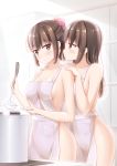  2girls apron bangs breasts brown_eyes brown_hair cleavage collarbone commentary_request cooking eyebrows_visible_through_hair hand_on_another&#039;s_shoulder highres kamakama_(kdmorh_kamakama) ladle large_breasts light_blush long_hair medium_breasts multiple_girls naked_apron original pink_scrunchie ponytail pot saucer scrunchie shouji sideboob sliding_doors standing tied_hair white_apron yuri 