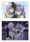  2girls absurdres arm_strap armpits black_bra black_choker black_hair black_necktie bound bound_wrists bra breasts choker cone_hair_bun grey_hair hair_bun highres holding holding_leash hololive hololive_english hololive_indonesia idfasler leash long_hair medium_breasts multicolored_hair multiple_girls necktie purple_eyes shiori_novella shirt sleeveless sleeveless_shirt split-color_hair sweat tongue tongue_out two-tone_hair underwear vestia_zeta virtual_youtuber white_shirt yellow_eyes yuri 