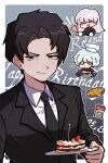  1boy 2girls :d ^_^ angela_(project_moon) angelica_(project_moon) birthday_cake black_eyes black_hair black_jacket black_necktie blue_hair blush_stickers border cake candle character_name chef_hat chibi chibi_inset closed_eyes closed_mouth commentary_request curtained_hair dated flying_sweatdrops food fruit furrowed_brow gradient_background grey_background grid_background happy_birthday hat highres holding holding_party_popper holding_plate jacket jeon jitome jjong_(7_jjong_9) korean_commentary lapels library_of_ruina long_hair looking_to_the_side mini_chef_hat mini_hat multiple_girls necktie notched_lapels parted_bangs party_popper plate popcorn project_moon roland_(project_moon) shirt short_hair smile strawberry suit_jacket upper_body white_border white_hair white_shirt yellow_eyes 