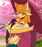  2026 anthro asian_clothing breasts canid canine ceroba_ketsukane clothing east_asian_clothing eyebrow_through_hair eyebrows eyelashes female fox hair hand_holding hi_res japanese_clothing lyorenth-the-dragon mammal orange_hair red_eyes solo tan_body translucent translucent_hair undertale undertale_(series) undertale_yellow 