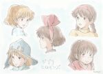  5girls :d absurdres artist_name aviator_cap black_eyes blush bow bow_hairband braid brown_eyes brown_hair closed_mouth commentary_request company_connection cropped_head earrings fio_piccolo hair_bow hairband highres jewelry kaufmann_bach kaze_no_tani_no_nausicaa kiki_(majo_no_takkyuubin) kurenai_no_buta long_hair looking_at_viewer majo_no_takkyuubin mole mole_on_cheek multiple_girls nausicaa ogino_chihiro open_mouth plaid_clothes plaid_shirt ponytail profile red_bow red_hairband sen_to_chihiro_no_kamikakushi sheeta shirt short_hair sidelocks smile tenkuu_no_shiro_laputa translation_request turtleneck twin_braids 