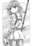  1girl absurdres belt blush breasts commentary_request cowboy_shot dress earrings elbow_gloves from_behind gloves goggles greyscale gun gun_on_back gun_sling harness highres holding holding_goggles jewelry kaze_no_tani_no_nausicaa knife_sheath looking_at_viewer looking_back medium_breasts monochrome nausicaa open_mouth outside_border page_number pants pants_under_dress sheath short_dress short_hair solo standing teardrop_earrings weapon weapon_on_back yukion 