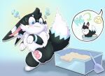  2025 ambiguous_gender black_body black_fur blue_eyes canid canine domestic_cat fakemon fan_character felid feline felis fox fur hi_res hybrid litter_box mammal nid15 nintendo pawpads pokemon question_mark solo white_body white_fur 