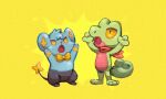 2021 annoyed black_body black_fur blue_body blue_fur bow_tie duo fur generation_3_pokemon generation_4_pokemon green_body half-closed_eyes narrowed_eyes nintendo open_mouth pawpads pokemon pokemon_(species) pokemon_mystery_dungeon raised_arms red_scarf scarf serious shinx simple_background spike_chunsoft tail thatlazyrat treecko yellow_background yellow_bow_tie yellow_eyes yellow_sclera