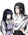  1boy 1girl black_hair black_headband breasts brown_hair closed_mouth commentary_request corrupted_twitter_file cousins fishnet_top fishnets forehead_protector headband headband_around_neck highres hood hooded_jacket hyuuga_hinata hyuuga_neji jacket konohagakure_symbol long_hair long_sleeves looking_at_viewer medium_breasts multicolored_jacket naruto_(series) naruto_shippuuden no_pupils parted_lips pigbready purple_jacket shirt simple_background two-tone_jacket upper_body white_background white_eyes white_jacket white_shirt 