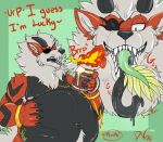 arcanine belly big_belly black_body black_fur bodily_fluids burping deviousvoxel dialogue drooling eye_patch eyewear fur generation_1_pokemon hi_res horn long_tongue male male_pred navel navel_piercing nintendo oral_vore piercing pokemon pokemon_(species) red_body red_fur rumbling_stomach saliva same_size_vore sharp_teeth tail teeth text tongue tongue_out vore white_body white_fur