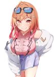  1girl blue_skirt breasts center_frills closed_mouth commentary_request eyewear_on_head frills fur-trimmed_jacket fur_trim hair_ornament hairpin highres hololive hololive_dev_is jacket kenzaki_ririka large_breasts looking_at_viewer orange_hair pink_shirt shirt skirt smile solo sunglasses virtual_youtuber white_jacket yamaki_(yamaki801) 