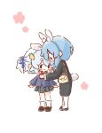  2girls aged_down animal_ear_fluff animal_ears bag black_shoes blue_hair blue_shirt blush_stickers braid carrot_hair_ornament checkered_clothes checkered_skirt chibi chibi_only commentary_request extra_ears floral_print food-themed_hair_ornament full_body grey_skirt hair_ornament hair_ribbon handbag hololive looking_at_viewer mother_and_child mother_and_daughter multiple_girls pant_suit pants parent_and_child pekomama rabbit_ears rabbit_girl rabbit_tail ribbon saisasae school_uniform shirt shoes short_twintails side_braid simple_background skirt socks suit tail twintails usada_pekora white_background white_socks 