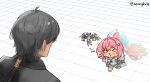  1boy 1girl adoptive_parent_and_adoptive_child aemeath_(wuthering_waves) asymmetrical_footwear black_hair black_jacket chibi exostrider_(wuthering_waves) father_and_child father_and_daughter glitch hair_between_eyes hair_extensions highres inseki jacket lennykaise leotard long_hair lungs male_rover_(wuthering_waves) mole mole_on_shoulder one_eye_closed orange_eyes parent_and_child pink_hair rover_(wuthering_waves) showgirl_skirt single_ankle_boot star-shaped_pupils star_(symbol) symbol-shaped_pupils uneven_footwear white_leotard wuthering_waves 