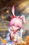  1girl absurdres animal_ears black_gloves bubble_tea chinese_commentary commentary_request cup disposable_cup evanescia_(honkai:_star_rail) flower fox_ears fox_girl gloves hair_flower hair_ornament henjiwumei highres honkai:_star_rail honkai_(series) looking_at_viewer manga_(object) partially_fingerless_gloves pink_hair purple_eyes shirt single_glove smile solo tree white_shirt 