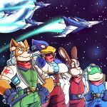 2026 4_toes absurd_res amphibian anthro avian avian_feet bird canid canine claws clothing digitigrade falco_lombardi feet footwear fox fox_mccloud frog frown grey_clothing grey_jacket grey_topwear group hare hi_res jacket jumpsuit lagomorph leporid looking_at_viewer male mammal nintendo peppy_hare scouter slippy_toad slouching smile standing star_fox star_fox_(2026) starwaffle talons toe_claws toeless_footwear toes topwear