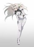  1girl commentary english_commentary firefly_(honkai:_star_rail) full_body hand_on_own_leg headband highres honkai:_star_rail honkai_(series) leaning_forward long_hair mecha_pilot_suit narrow_waist parted_lips pink_eyes plugsuit_(evangelion) pointing pointing_at_self simple_background solo thigh_gap thorn_(kmconceptart) white_background wide_hips 