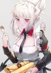  1girl apron bangs black_neckwear black_tail blush breasts cleavage demon_girl demon_horns demon_tail eating food fork grey_background hair_bun helltaker highres holding holding_fork holding_plate horns large_breasts long_hair looking_at_viewer lucifer_(helltaker) maid maid_apron maid_dress mole mole_under_eye necktie pancake plate red_eyes rui_rubellent solo tail white_apron white_hair white_horns 