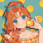  1girl :3 bare_shoulders blue_eyes bow check_copyright copyright_request dress earrings flower_earrings food fruit hair_bow head_tilt highres jewelry looking_at_viewer necklace off-shoulder_dress off_shoulder orange orange_hair orange_slice original patterned_background ring sakura_yuki_(clochette) smile solo 