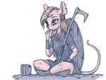  2020 4:3 4_fingers anthro blonde_hair blue_eyes chainmail clothed clothing digital_media_(artwork) female fingers hair madhotaru mammal melee_weapon mouse murid murine plantigrade rodent sitting solo waraxe weapon 