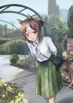  1girl absurdres animal_ears aoniyoshi arch bag blue_sky blush bow breasts brown_hair casual clover_hair_ornament collared_shirt commentary_request fine_motion_(casual)_(umamusume) fine_motion_(umamusume) garden green_eyes green_skirt hair_between_eyes hair_ornament handbag highres horse_ears horse_girl horse_tail leaning_forward long_sleeves multicolored_hair open_mouth outdoors shirt skirt sky smile solo tail umamusume white_bow white_hair white_shirt 