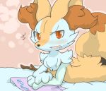  2015 anthro blush braixen ear_tuft fur looking_at_viewer lying nintendo on_front open_mouth orange_eyes pok&eacute;mon pok&eacute;mon_(species) solo stick tuft video_games wadorigi white_body white_fur yellow_body yellow_fur 