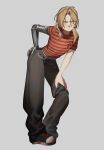  1boy baggy_pants belt belt_buckle blonde_hair blush blush_stickers buckle chain closed_mouth commentary_request contrapposto dyga2tu4 edward_elric flamel_symbol full_body fullmetal_alchemist grey_background hand_on_own_ass hand_on_own_leg highres leaning_forward looking_at_viewer mechanical_arms pants parted_bangs prosthesis prosthetic_arm red_shirt shirt shoes single_mechanical_arm sneakers solo striped_clothes striped_shirt sweat sweatdrop twintails yellow_eyes 