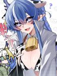  2girls :d ? animal_print arknights bell bikini blue_hair blush breast_suppress breasts cleavage commentary_request cow_print cow_print_bikini cowbell diamond-shaped_pupils diamond_(shape) extra_ears fang hair_between_eyes halftone highres horns large_breasts ling_(arknights) long_hair looking_at_viewer multicolored_hair multiple_girls neck_bell open_clothes open_mouth open_shirt pink_hair pointy_ears popped_collar print_bikini purple_eyes shirt shu_(arknights) smile solo_focus streaked_hair sweat swimsuit symbol-shaped_pupils white_shirt yunomi_(yunomi1129) 