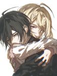  1boy 1girl ahoge akamatsu_kaede black_hair black_jacket blonde_hair brown_eyes covered_mouth danganronpa_(series) danganronpa_v3:_killing_harmony fu_ga_(vivi912912) hair_between_eyes hair_ornament highres hug jacket long_hair long_sleeves looking_at_viewer musical_note musical_note_hair_ornament pink_eyes pink_vest saihara_shuichi shirt short_hair simple_background upper_body vest white_background 