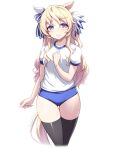  1girl animal_ears bare_shoulders black_thighhighs blonde_hair blue_buruma blue_eyes blush breasts buruma closed_mouth collarbone ear_covers gym_shirt hair_between_eyes highres horse_ears horse_girl horse_tail long_hair looking_at_viewer pataneet shirt simple_background single_ear_cover smile solo tail thighhighs thighs umamusume victoire_pisa_(umamusume) white_background white_shirt 